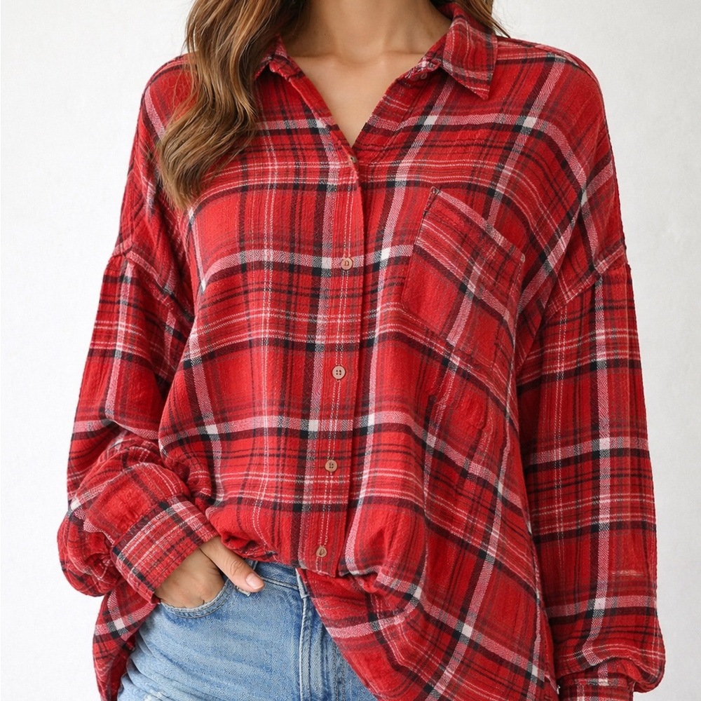 Free People x We The Free Red Plaid Long Sleeve Oversized Button Down Small